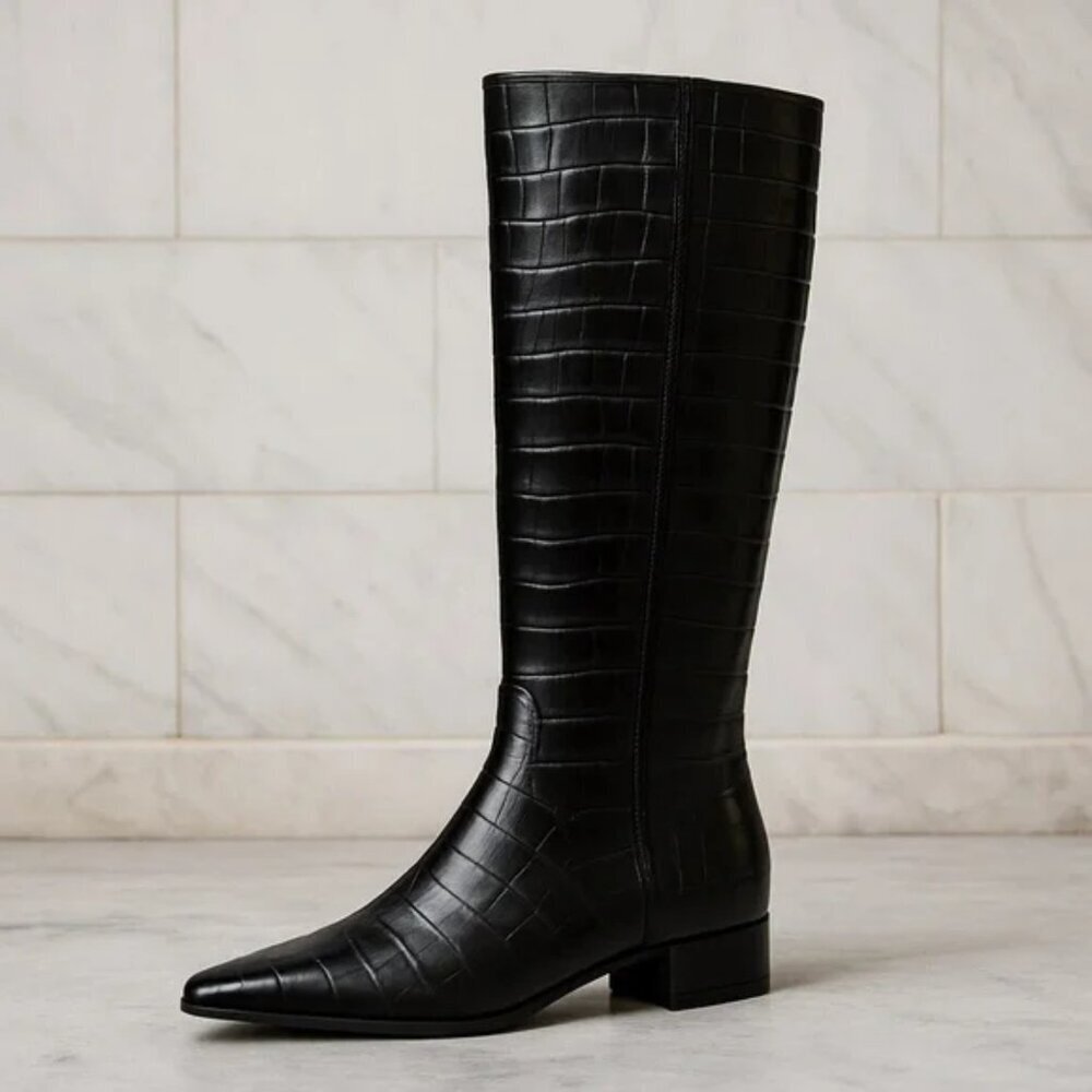 NEW Gianni Bini Sharri Croc Embossed Leather Tall Boots in Black - Picture 1 of 4